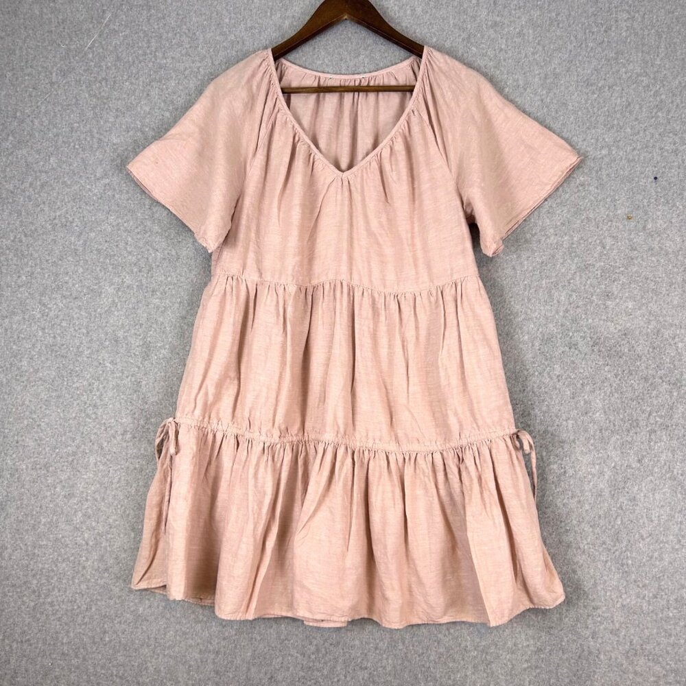 Madewell Lorelei Mini Dress Women S? Pink Linen Blend Tiered V-Neck Boho Peasant